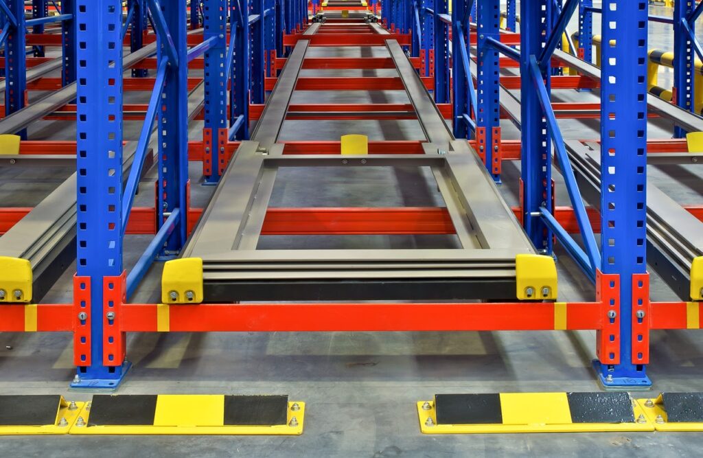 Distribution center warehouse storage shelving, metal racking pallet system